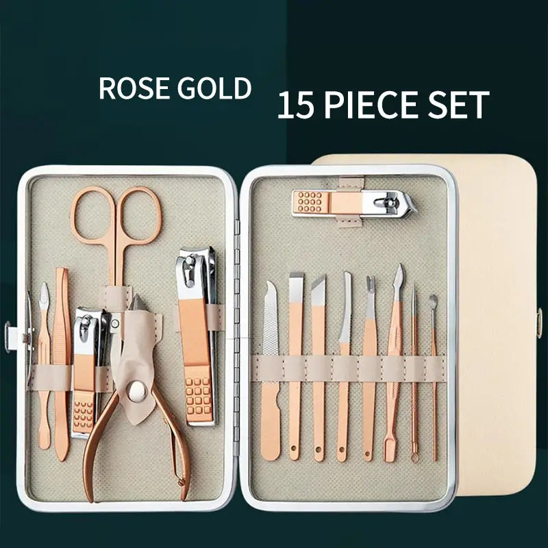 Stainless Steel Manicure Pedicure kit Professional Nail Foot Care 15 pcs Rose gold Nail Clipper Set