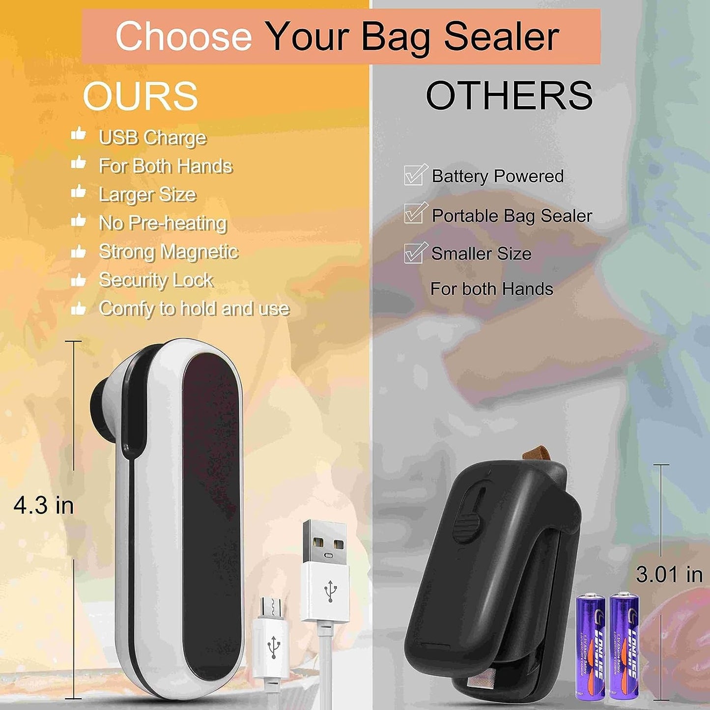 Rechargeable 2 In 1 Bag Mini Heat Sealer, Storage Bag Plastic Package Snack Sealer Clip Bag Handheld Heat Sealer with USB Charging Cord